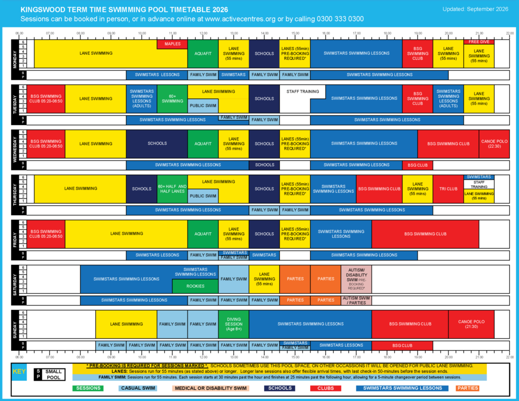 Kingswood swimming pool term time timetable 2026